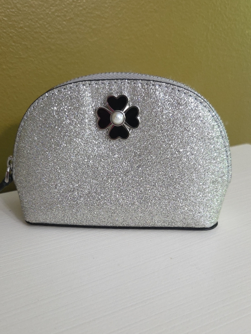 Kate Spade Silver Glitter Coin Bag With Floral Accent